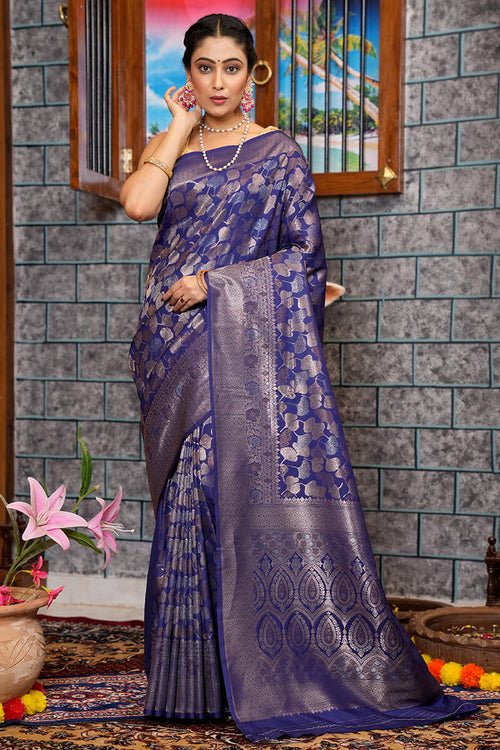 Load image into Gallery viewer, Seraglio Navy Blue Kanjivaram Silk Saree With Imaginative Blouse Piece
