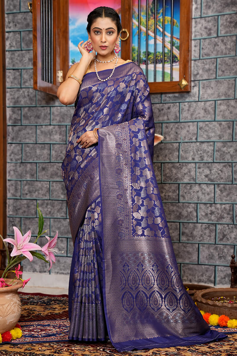 Seraglio Navy Blue Kanjivaram Silk Saree With Imaginative Blouse Piece