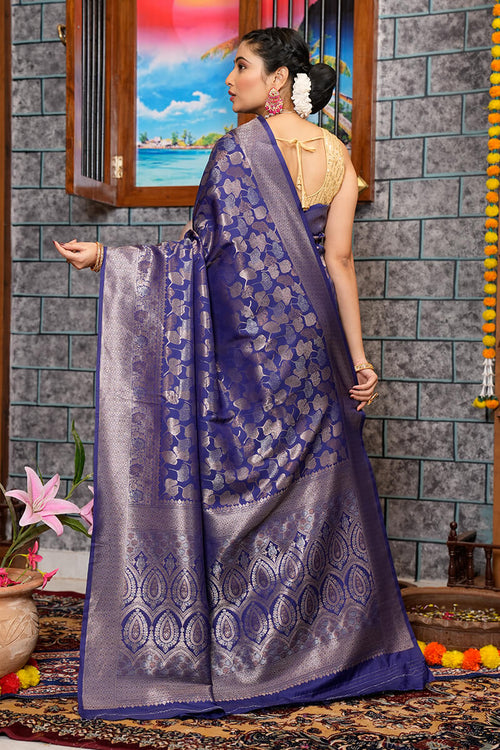 Load image into Gallery viewer, Seraglio Navy Blue Kanjivaram Silk Saree With Imaginative Blouse Piece
