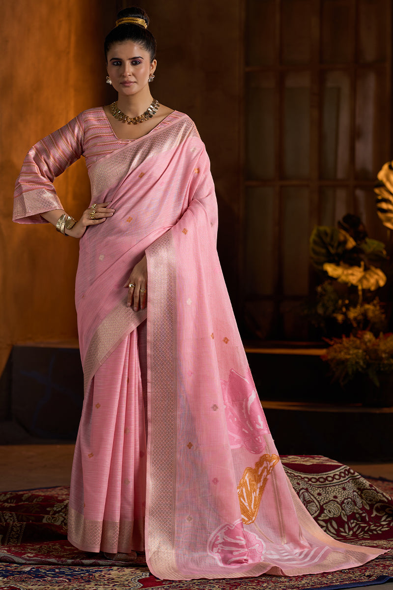 Delightful Baby Pink Cotton Silk Saree With Groovy Blouse Piece