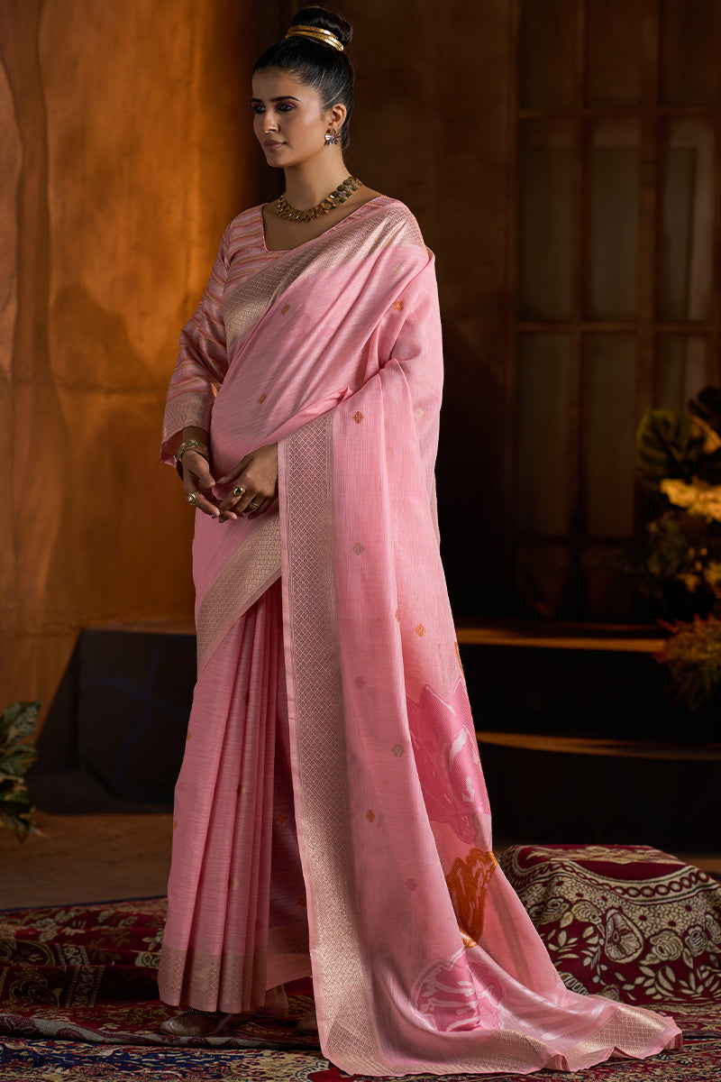 Delightful Baby Pink Cotton Silk Saree With Groovy Blouse Piece