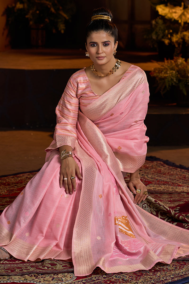 Delightful Baby Pink Cotton Silk Saree With Groovy Blouse Piece