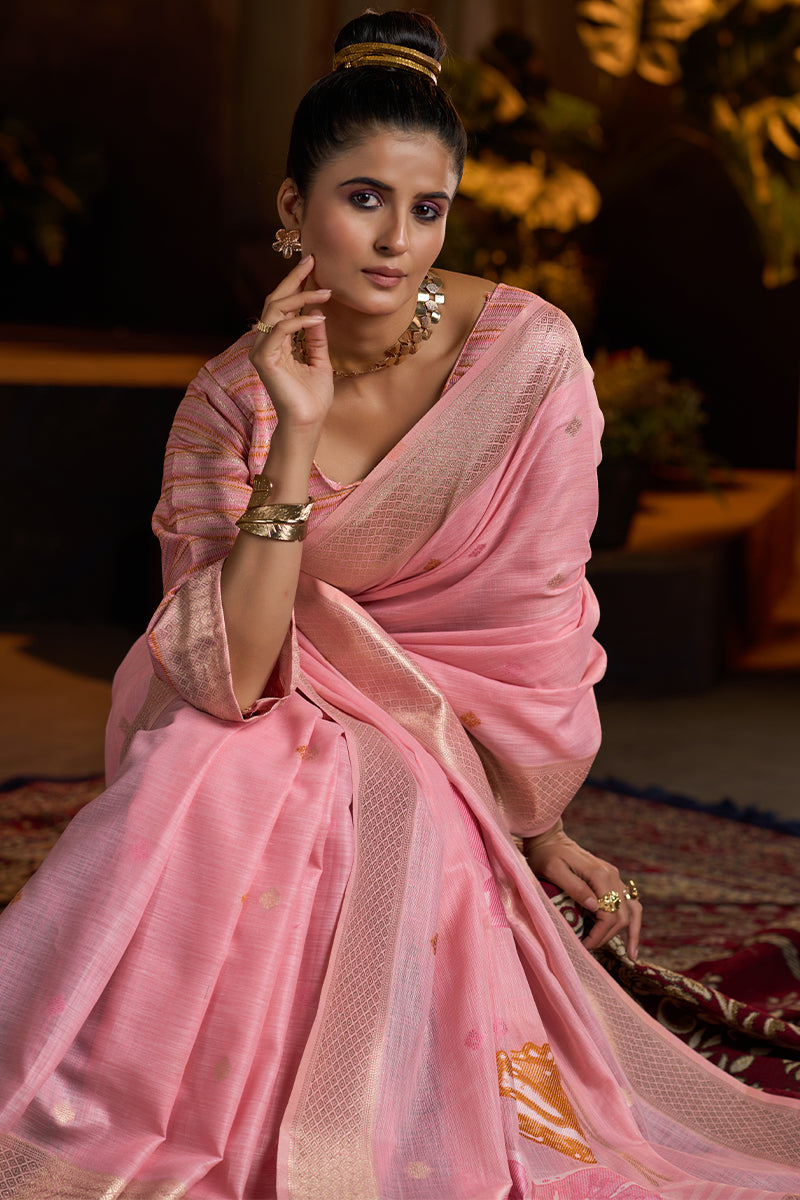 Delightful Baby Pink Cotton Silk Saree With Groovy Blouse Piece