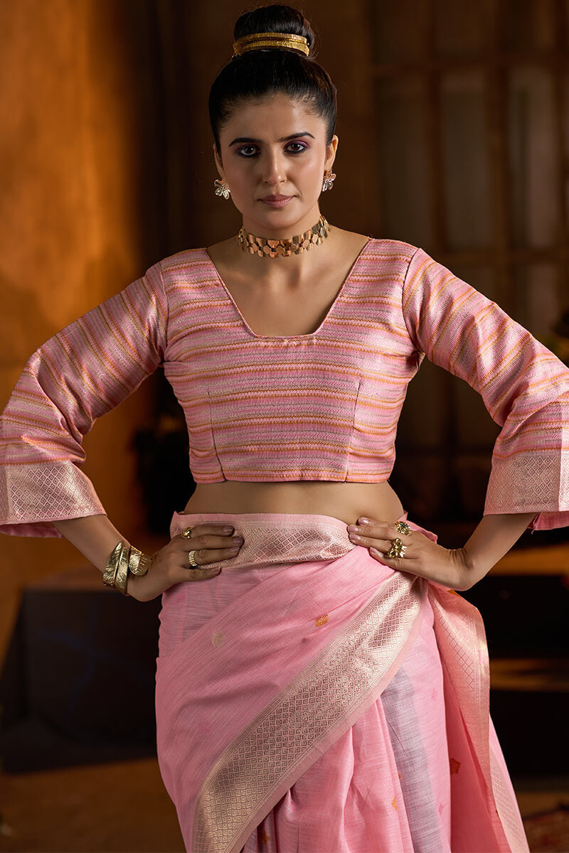 Delightful Baby Pink Cotton Silk Saree With Groovy Blouse Piece