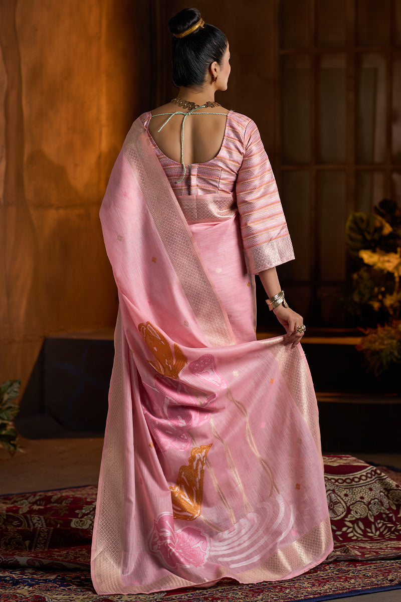 Delightful Baby Pink Cotton Silk Saree With Groovy Blouse Piece