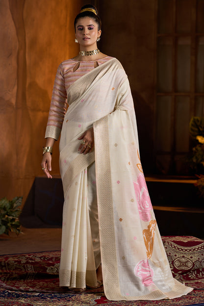 Gossamer Beige Cotton Silk Saree With Ravishing Blouse Piece