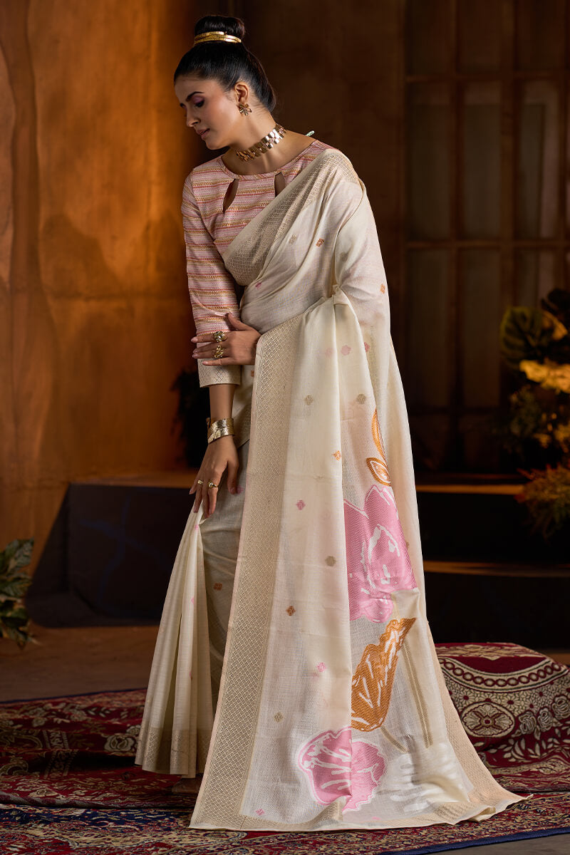 Gossamer Beige Cotton Silk Saree With Ravishing Blouse Piece