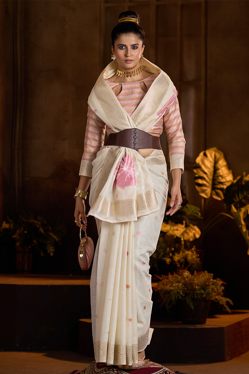 Gossamer Beige Cotton Silk Saree With Ravishing Blouse Piece