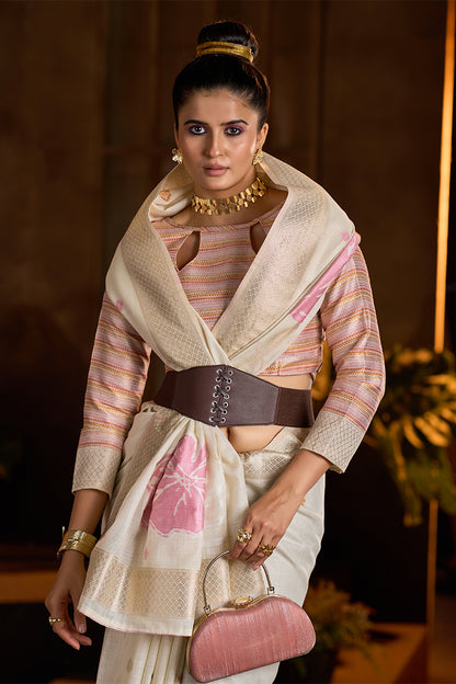 Gossamer Beige Cotton Silk Saree With Ravishing Blouse Piece