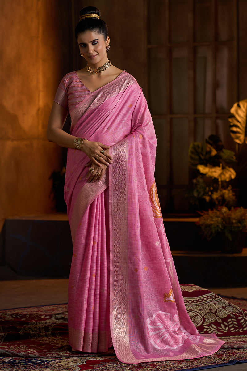 Zephyr Dark Pink Cotton Silk Saree With Pleasurable Blouse Piece