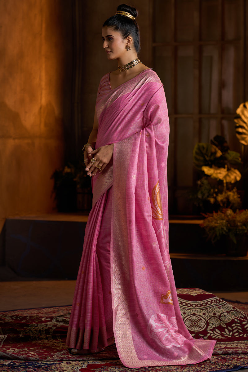 Zephyr Dark Pink Cotton Silk Saree With Pleasurable Blouse Piece