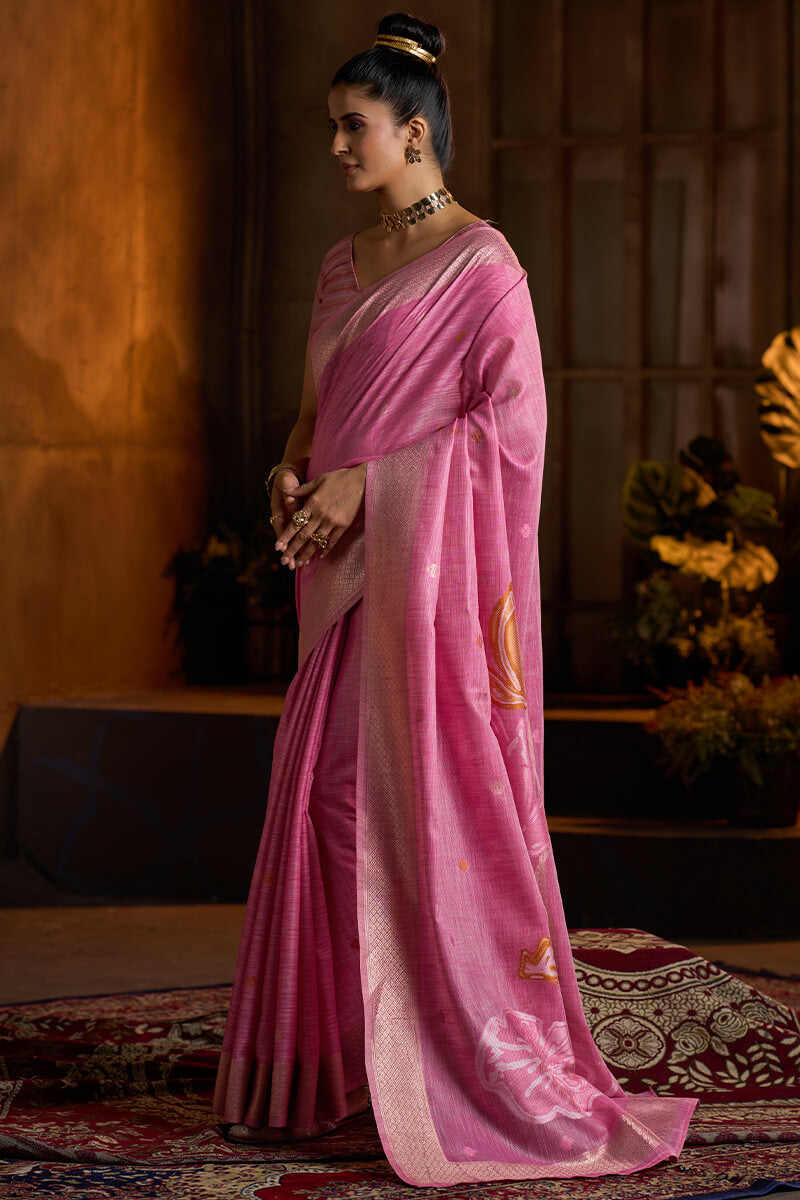 Zephyr Dark Pink Cotton Silk Saree With Pleasurable Blouse Piece