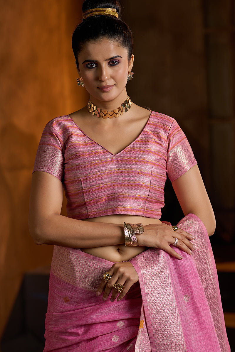 Zephyr Dark Pink Cotton Silk Saree With Pleasurable Blouse Piece