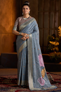 Captivating Grey Cotton Silk Saree With Sempiternal Blouse Piece