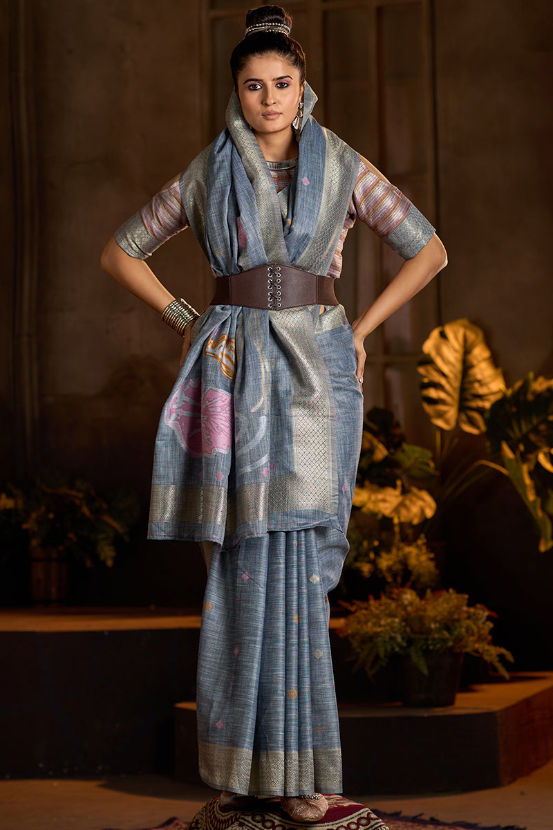 Captivating Grey Cotton Silk Saree With Sempiternal Blouse Piece