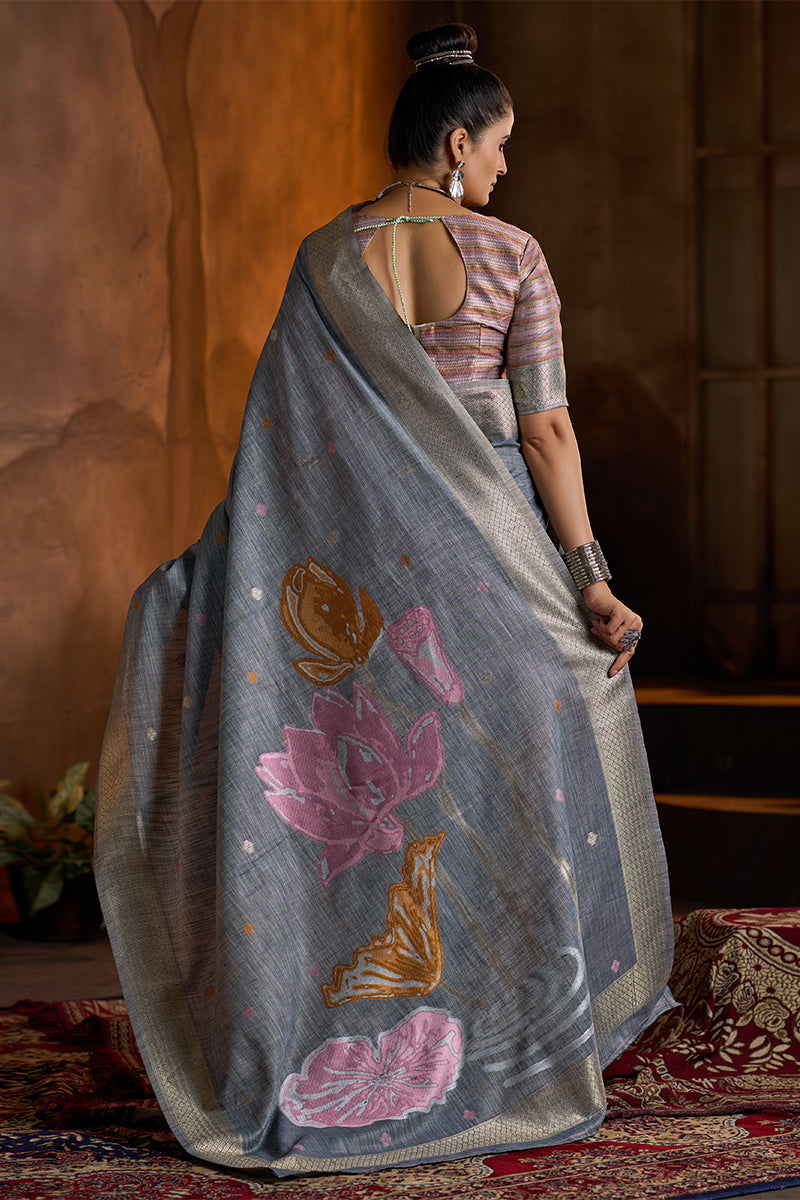 Captivating Grey Cotton Silk Saree With Sempiternal Blouse Piece