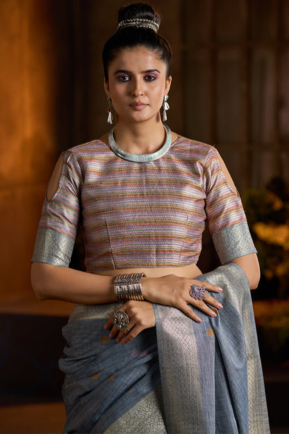 Captivating Grey Cotton Silk Saree With Sempiternal Blouse Piece