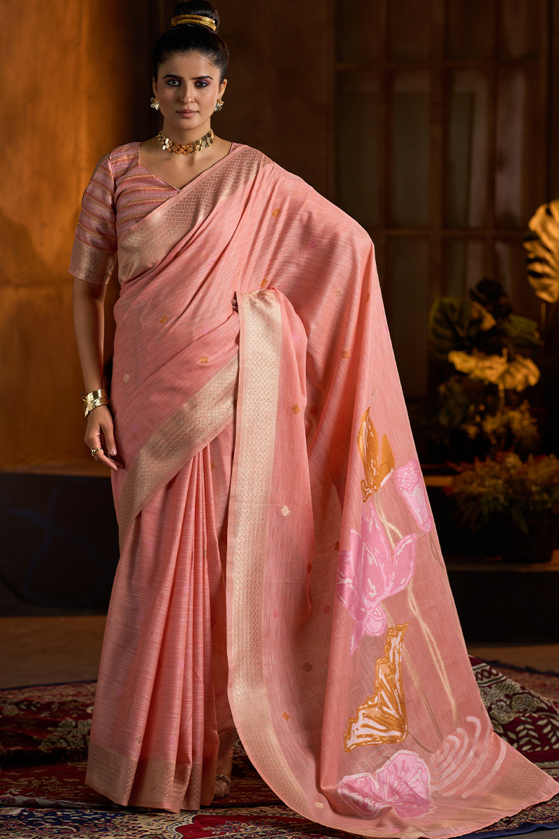 Enticing Peach Cotton Silk Saree With Chatoyant Blouse Piece