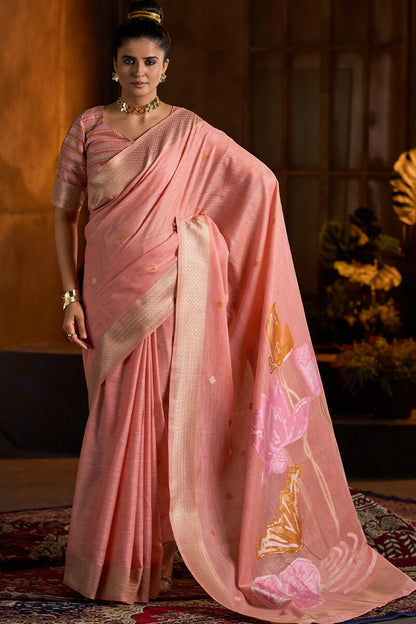 Enticing Peach Cotton Silk Saree With Chatoyant Blouse Piece