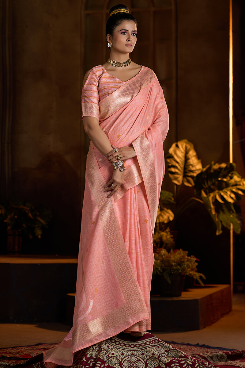 Enticing Peach Cotton Silk Saree With Chatoyant Blouse Piece