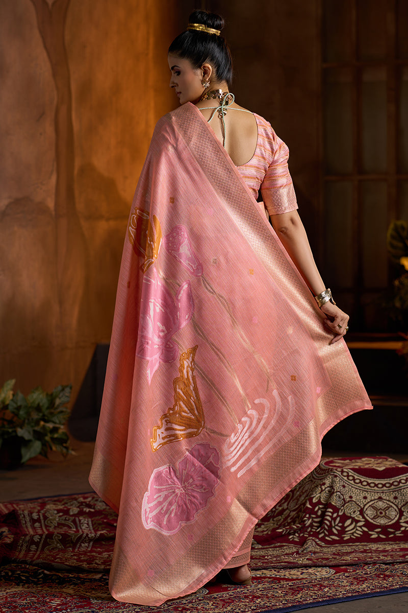 Enticing Peach Cotton Silk Saree With Chatoyant Blouse Piece
