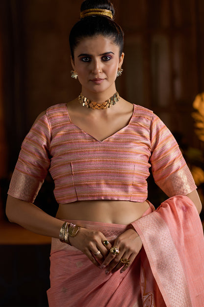 Enticing Peach Cotton Silk Saree With Chatoyant Blouse Piece