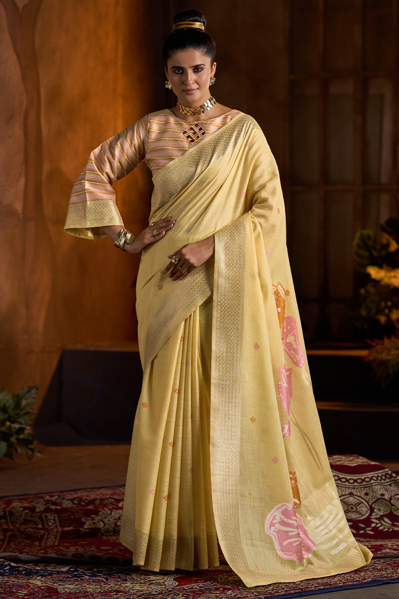 Entrancing Yellow Cotton Silk Saree With Gratifying Blouse Piece