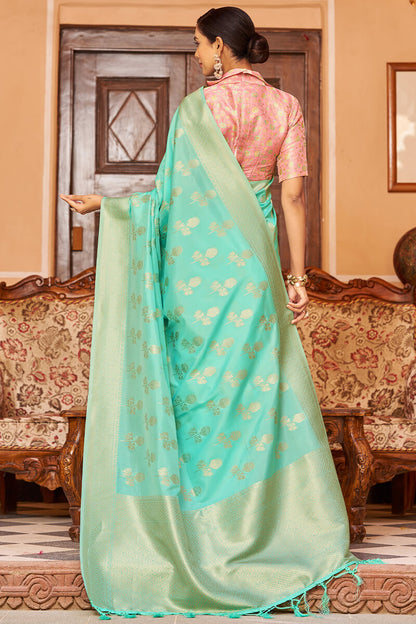 Proficient Turquoise Banarasi Satin Silk Saree With Palimpsest Blouse