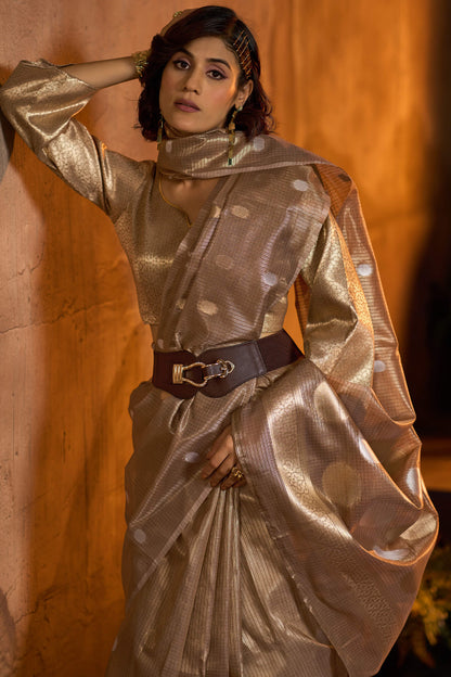 Flameboyant Brown Soft Banarasi Tissue Silk Saree With Propinquity Blouse Piece