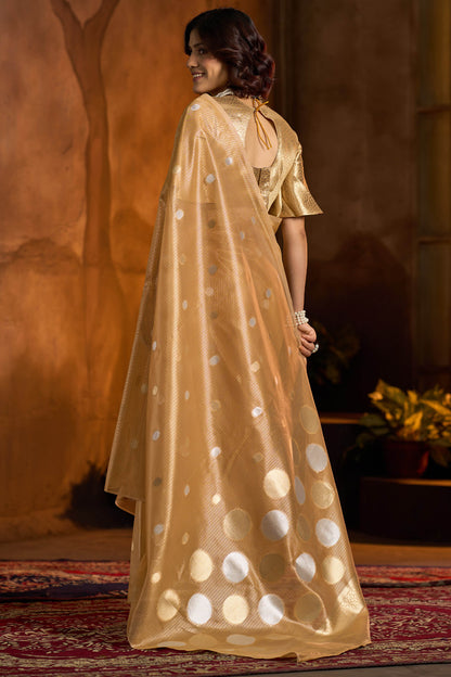 Intricate Golden Soft Banarasi Tissue Silk Saree With Exceptional Blouse Piece