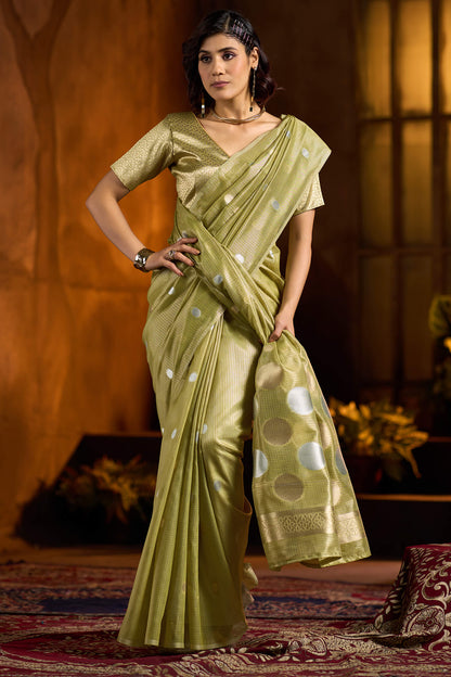 Chatoyant Green Soft Banarasi Tissue Silk Saree With Winsome Blouse Piece