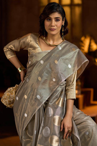 Profuse Grey Soft Banarasi Tissue Silk Saree With Radiant Blouse Piece