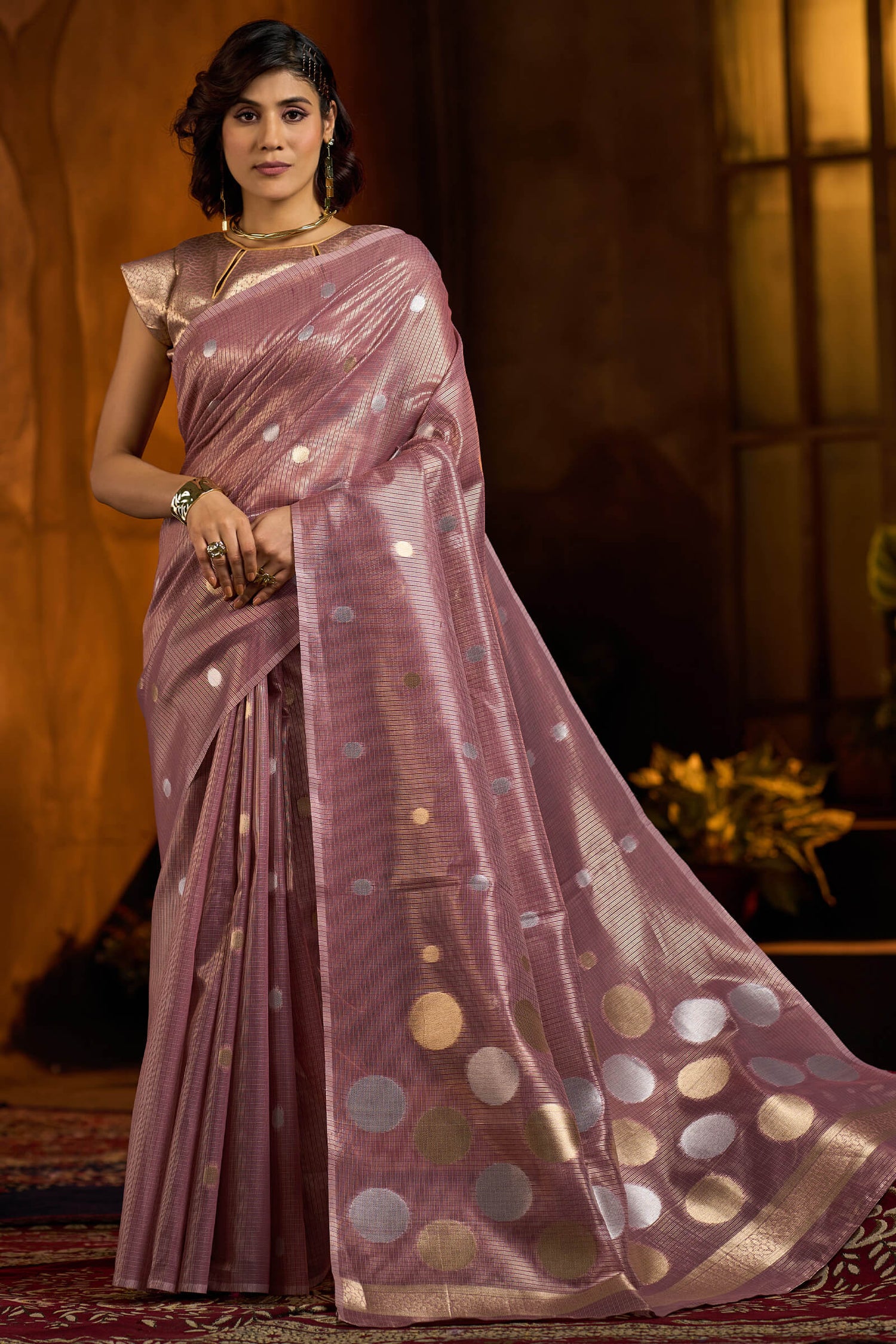 Fantabulous Lavender Soft Banarasi Tissue Silk Saree With Panache Blouse Piece