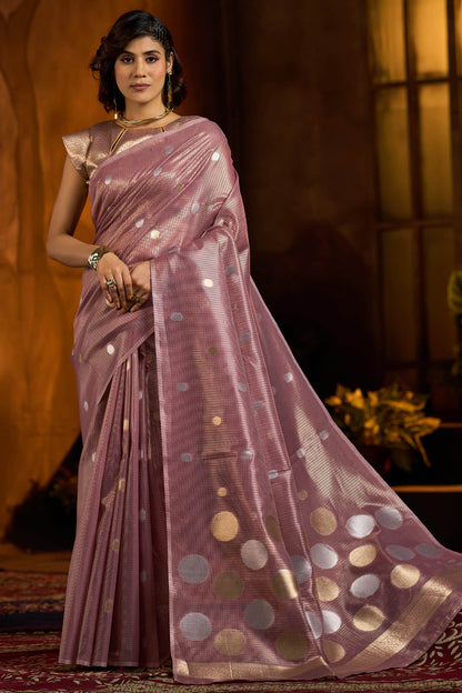 Fantabulous Lavender Soft Banarasi Tissue Silk Saree With Panache Blouse Piece