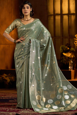 Murmurous Sea Green Soft Banarasi Tissue Silk Saree With Enticing Blouse Piece