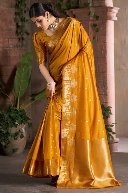 Opulent Mustard Pure Zari Weaving Banarasi Silk Saree With Lassitude Blouse Piece