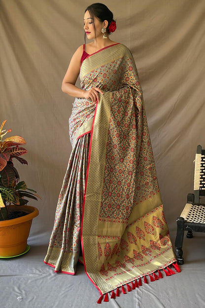 Demure Grey Patola Silk Saree with Panoply Blouse Piece