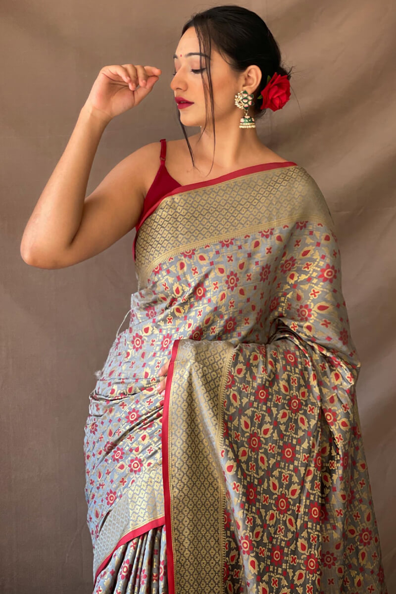 Demure Grey Patola Silk Saree with Panoply Blouse Piece