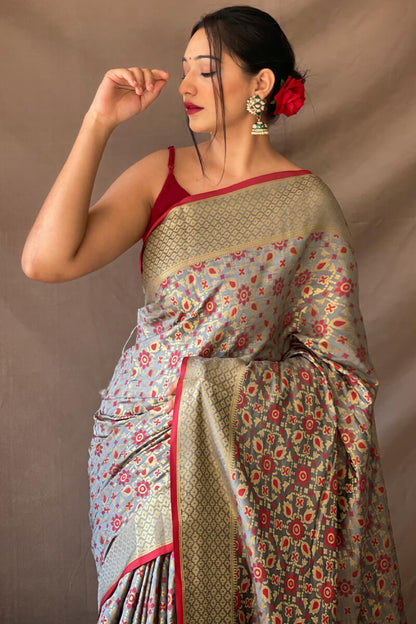 Demure Grey Patola Silk Saree with Panoply Blouse Piece