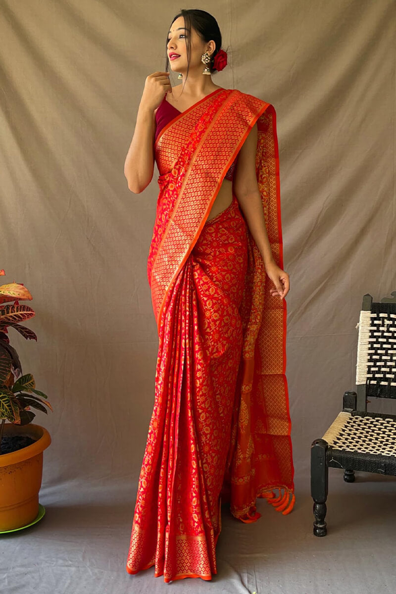 Gossamer Red Patola Silk Saree with Magnificat Blouse Piece