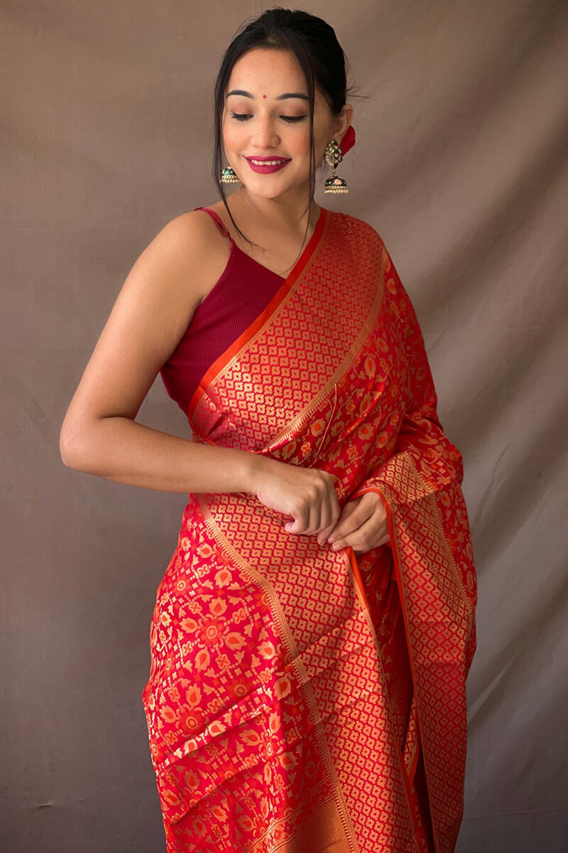 Gossamer Red Patola Silk Saree with Magnificat Blouse Piece