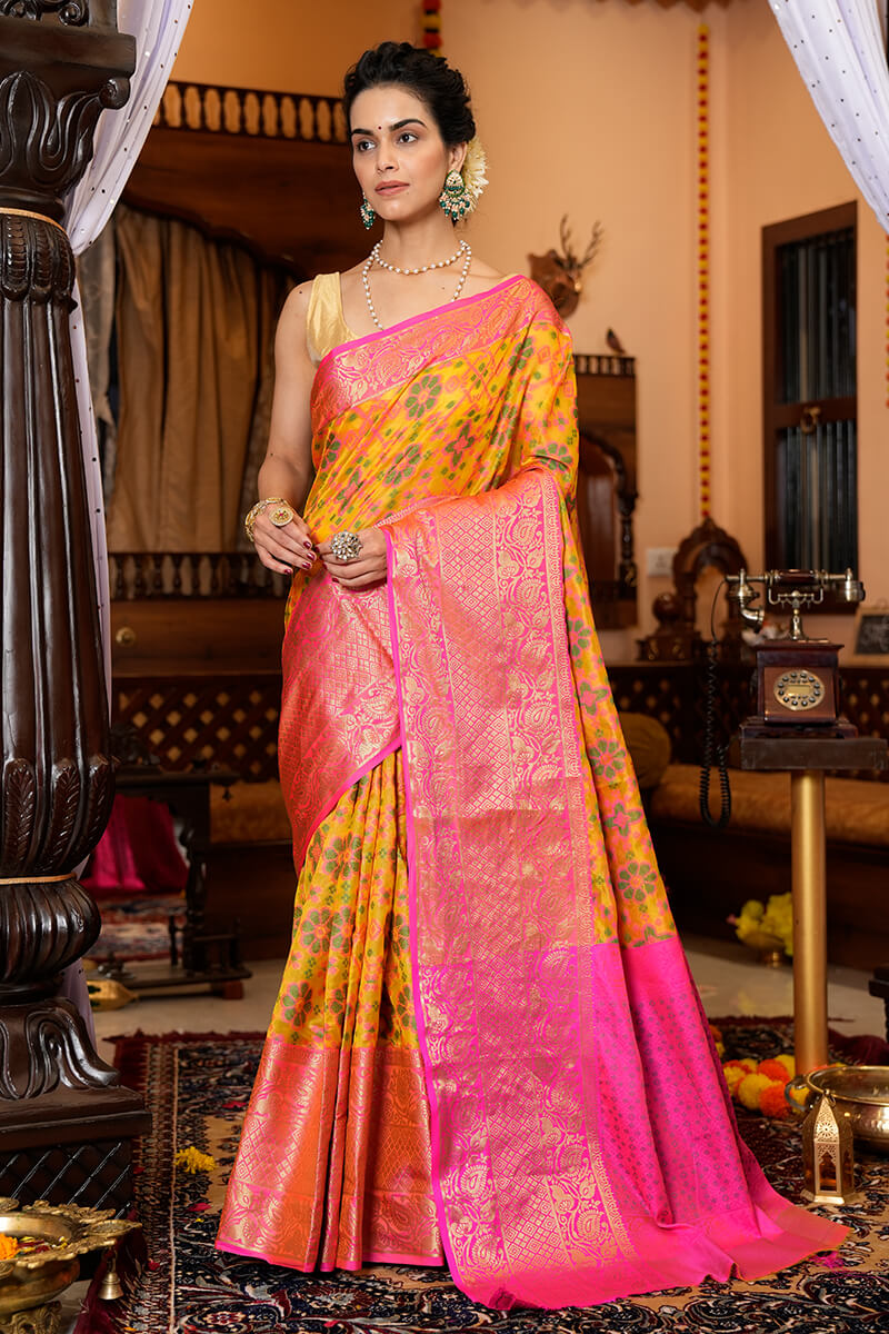 Incredible Yellow Organza Silk Saree With Prodigal Blouse Piece