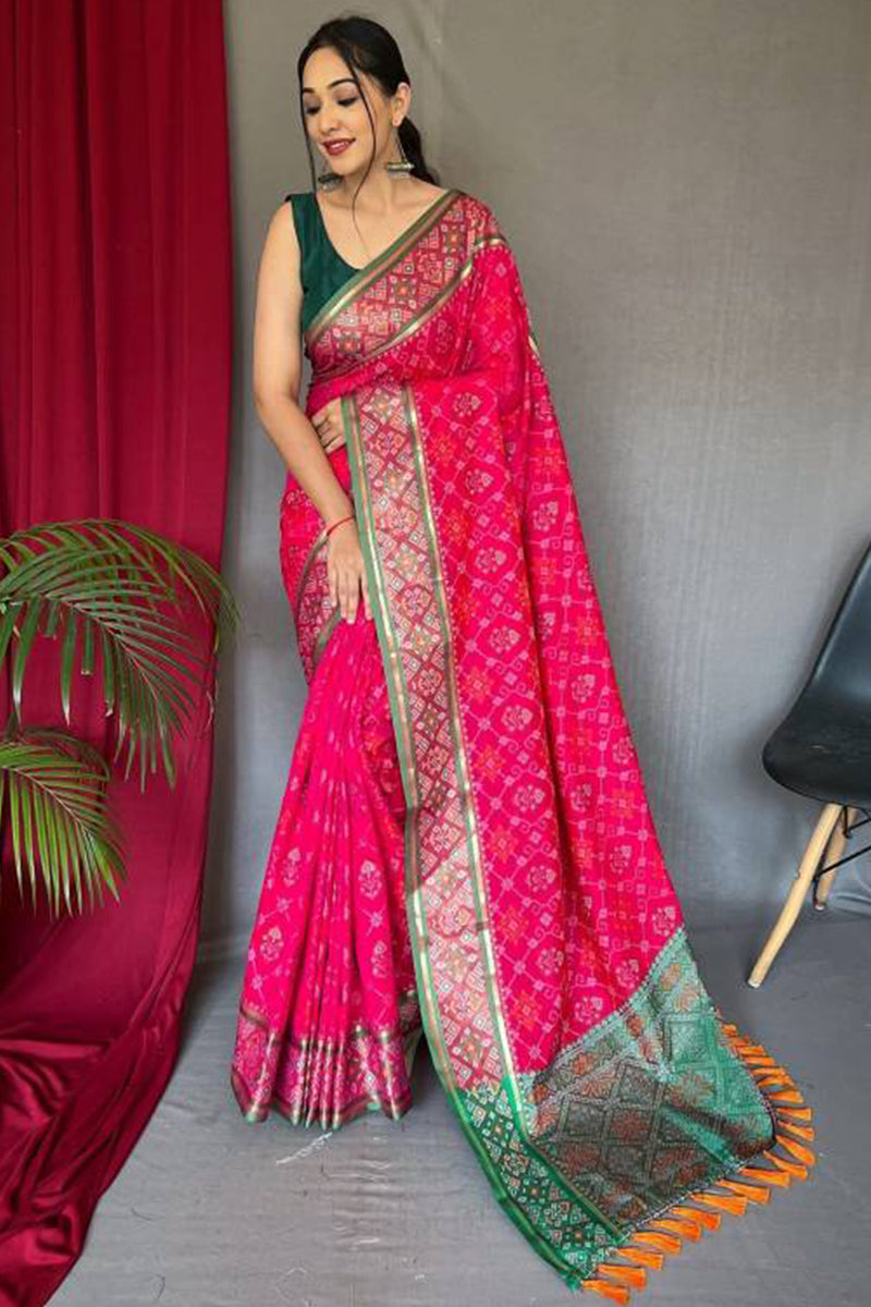 Incomparable Dark Pink Patola Silk Saree with Fairytale Blouse Piece