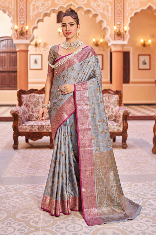 Load image into Gallery viewer, Glowing Grey Soft Banarasi Silk Saree With Surpassing Blouse Piece
