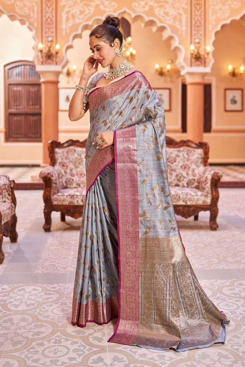 Load image into Gallery viewer, Glowing Grey Soft Banarasi Silk Saree With Surpassing Blouse Piece
