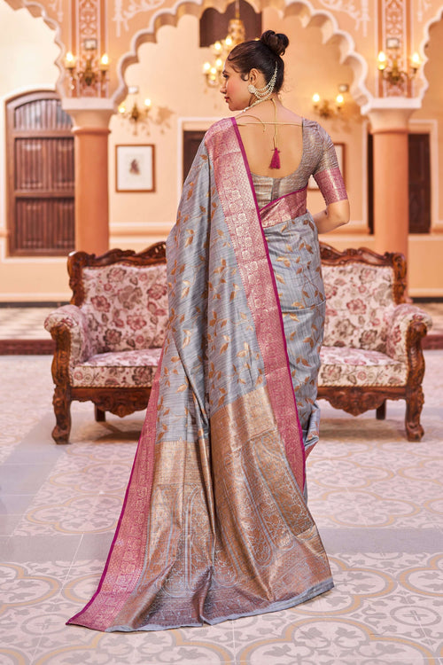 Load image into Gallery viewer, Glowing Grey Soft Banarasi Silk Saree With Surpassing Blouse Piece
