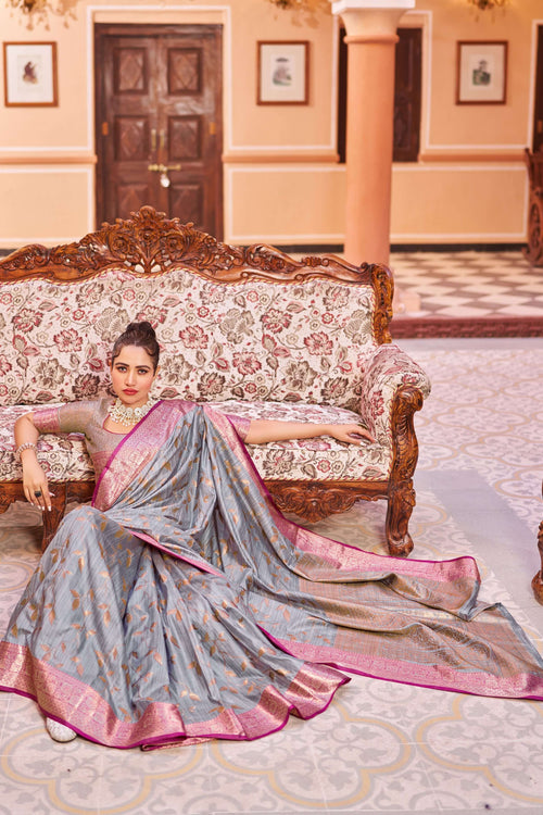 Load image into Gallery viewer, Glowing Grey Soft Banarasi Silk Saree With Surpassing Blouse Piece
