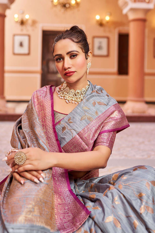 Load image into Gallery viewer, Glowing Grey Soft Banarasi Silk Saree With Surpassing Blouse Piece
