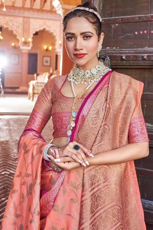 Load image into Gallery viewer, Opulent Peach Soft Banarasi Silk Saree With Flamboyant Blouse Piece
