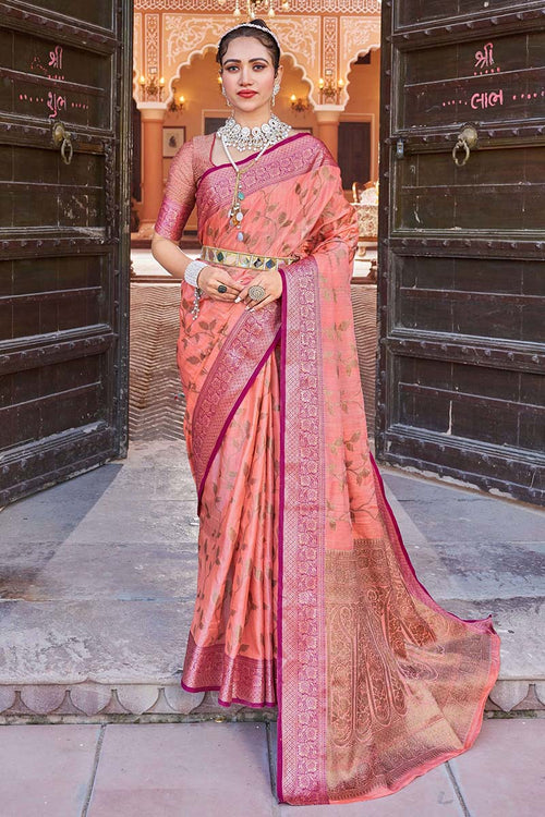 Load image into Gallery viewer, Opulent Peach Soft Banarasi Silk Saree With Flamboyant Blouse Piece
